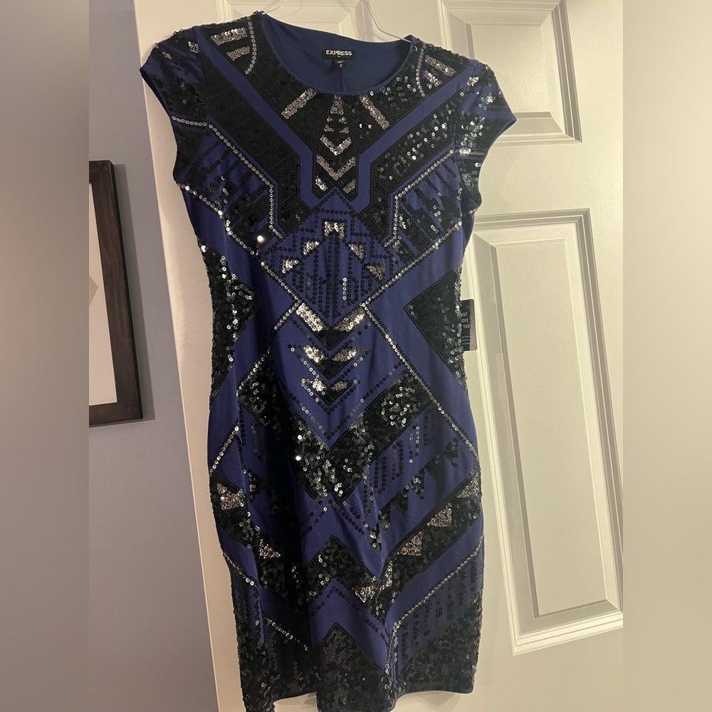 Express Black and Blue Sequin Mini Dress